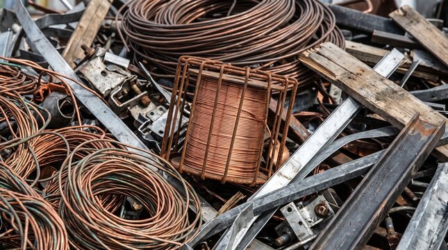 Close-up of copper wires and metal scrap for industrial use