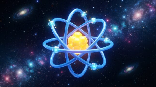 Atomic Structure Visualization with Orbiting Electrons and Nucleus in a Cosmic Background