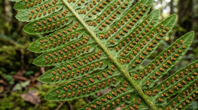 Detailed Close-Up of Fern Leaf with Spore Cases on a Forest Background