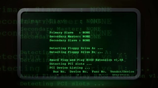 Retro computer boot sequence with green text on black screen showing BIOS system loading