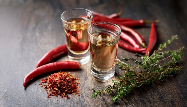 two shots of clear spirit garnished with thyme next to a pile of fresh and dried chili peppers