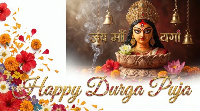 Happy durga puja card featuring goddess portrait in lotus with incense smoke and brass bells on floral background elements.