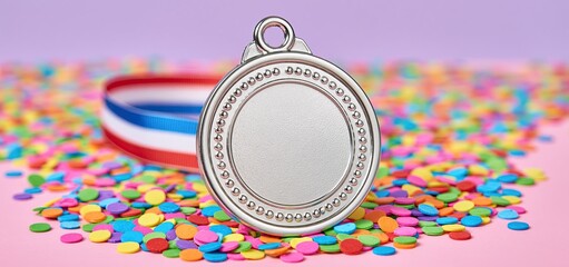 Naklejka premium A silver medal lying on pastel background surrounded by vibrant confetti, symbolizing celebration and success.