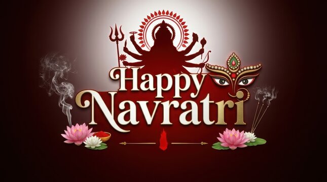 Happy navratri elegant festive poster featuring goddess durga silhouette with lotuses and incense smoke for hindu events.