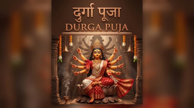 Durga puja goddess sitting on lotus with many arms surrounded by bells and floral decor for traditional indian festival art.