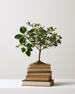 A small tree growing from a stack of old books