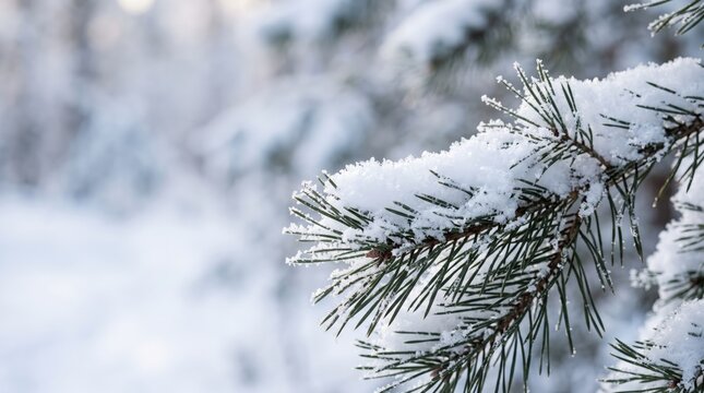 Snow-Covered Pine Branch with Frost in Winter Wonderland Landscape Scene