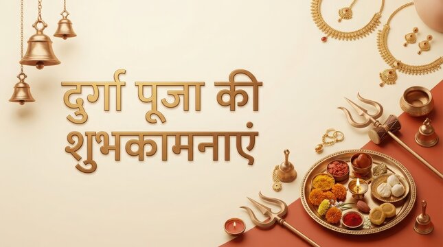 Durga puja ki shubhkamnaye indian festive greeting with traditional pooja thali gold jewelry and ritual bells on backdrop.