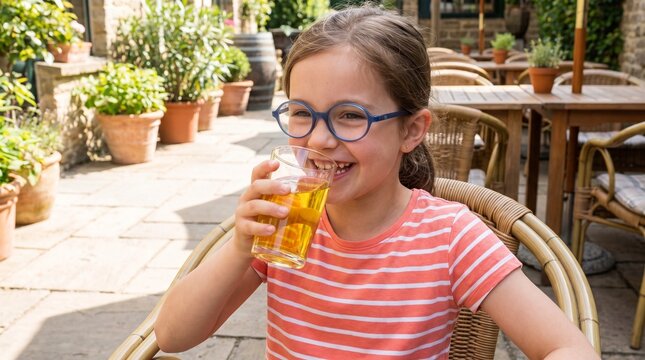 Young girl in glasses sipping bright orange juice at outdoor caf&eacute; table in summer sunlight
