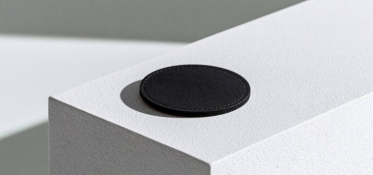 A black leather circle with stitched edges arranged on a white background, ideal for branding and logo mockups.