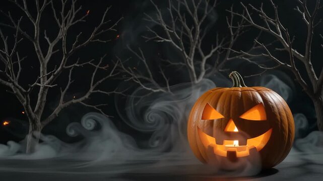 Glowing Jack O Lantern in Spooky Dark Forest Halloween Background
