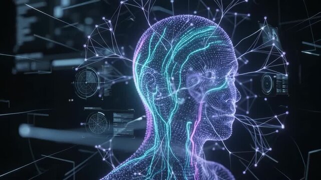 Futuristic Artificial Intelligence Digital Human Head with Flowing Data Particles