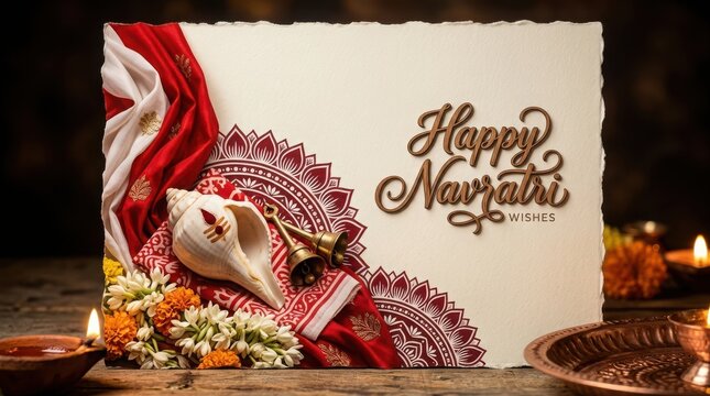 Happy navratri festive card background with traditional shankh brass bells white flowers and red cloth decoration items.