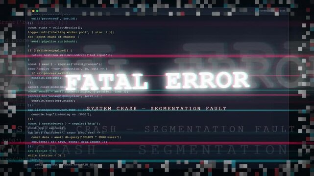 Digital screen displaying computer code with red fatal error and segmentation fault warning messages
