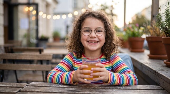 Young woman smiling while holding a glass of fresh apple juice at a wooden caf&eacute; table