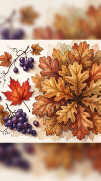 Watercolor illustration of autumn leaves and grapes, evoking the harvest season and natural beauty, suitable for fall themes