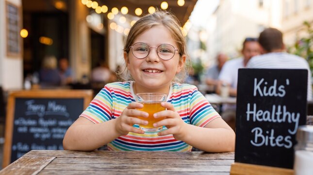 Happy red-haired girl drinking fresh apple juice at family-friendly caf&eacute; promoting healthy kids' meals