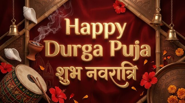 Happy Durga Puja and Shubh Navratri in gold 3d text with traditional Indian instruments, flowers, and shells.