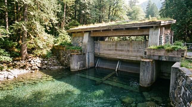 A rustic wooden and stone water control structure built over a clear mountain stream in a lush green forest setting