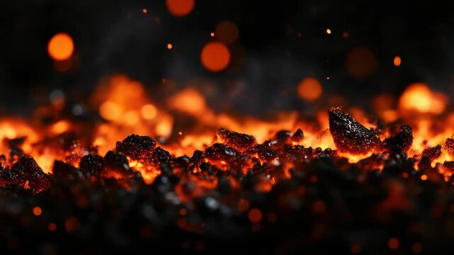 Close-up of Glowing Hot Embers and Sparks from a Fire