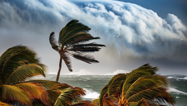 gale force winds bending palm trees during a tropical storm extreme weather powerful wind