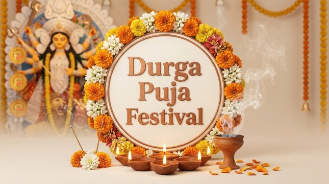 Durga puja festival poster featuring goddess idol incense sticks marigold floral garland and lamps for religious events.
