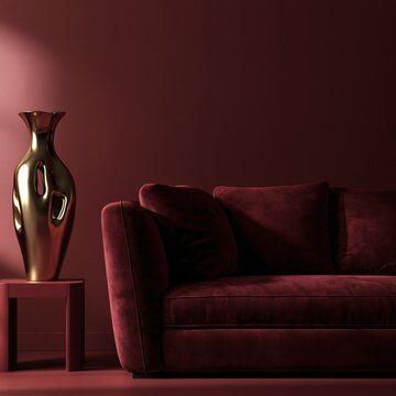 Moody Burgundy Lounge with Sculptural Golden Vase and Velvet Seating in Dramatic Contemporary Setting