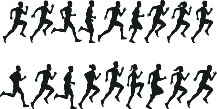 Running and Jogging Silhouette Collection of Male and Female Athletes Sprinting in Motion on White Background