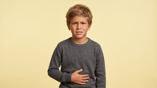 Upset young boy holding stomach in pain, child suffering from stomachache or indigestion, unhappy kid with abdominal cramps and digestive problems