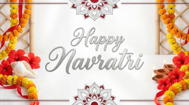 Happy Navratri celebration with marigold flower garlands and traditional diya lamps for religious event.