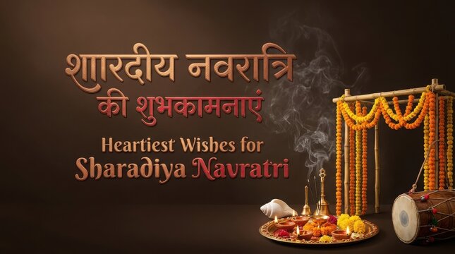 Heartiest Wishes for Sharadiya Navratri with Hindu puja items and traditional Indian temple gate decoration.