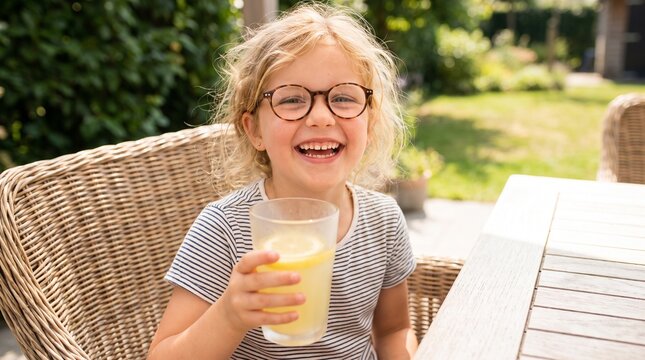 Happy young girl drinking fresh orange juice at outdoor patio breakfast table