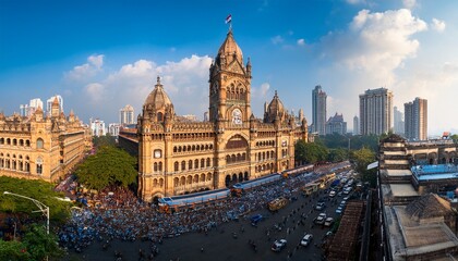 Naklejka premium panoramic view of the bustling chhatrapati shivaji maharaj terminus skyline in mumbai