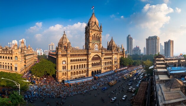 panoramic view of the bustling chhatrapati shivaji maharaj terminus skyline in mumbai