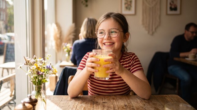 Young woman smiling while drinking fresh orange juice at cozy wooden breakfast table