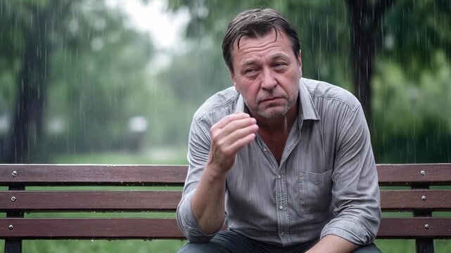 Sad middle-aged man sitting on park bench during heavy rain. Panning and tilting camera movement.