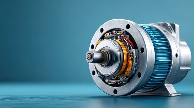 Detailed Close-Up of an Electric Motor with Exposed Interior Components and Modern Design on a Soft Blue Background