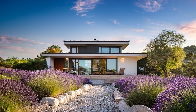 a modern home surrounded by blooming lavender fields and rocky pathways showcasing harmonious living with nature