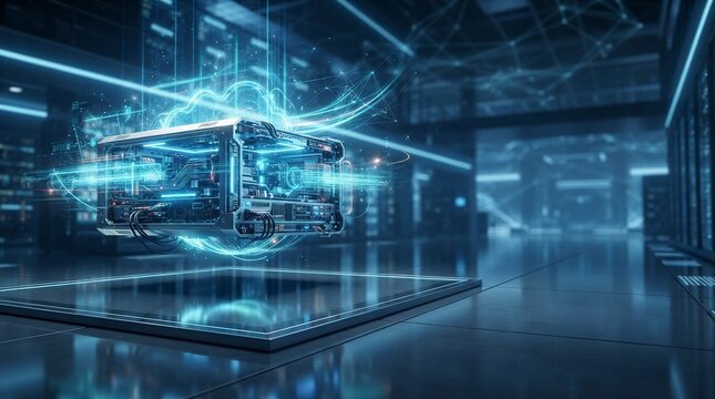Futuristic cloud computing server with glowing blue light trails in a high-tech data center environment