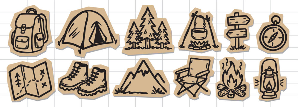 Camping scrapbook sticker set with hand drawn outdoor adventure elements, vintage doodle style, paper cutout shapes, vector illustration