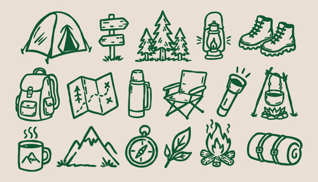Hand drawn camping doodle set featuring outdoor adventure, nature and travel elements in a simple vintage line art style, vector illustration