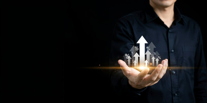 Business financial chart with moving up arrow graph and businessman holding growth interest rate percentage icons.