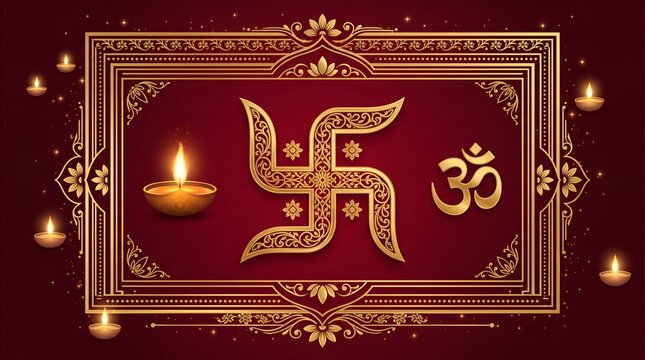 illustration golden design Hindu rituals Swastik and om in golden squire frame, golden Diya lamp and design art out side frame in red background, Hindu religion, good luck, worship, greeting concept S