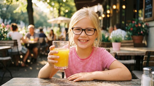 Happy young girl drinking fresh orange juice at outdoor caf&eacute; table in summer sunlight
