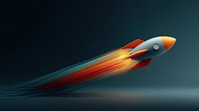 Colorful rocket soaring through space leaving a vibrant trail of light and energy in a dark background environment
