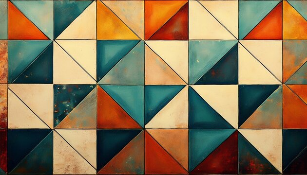 distressed geometric tile pattern rustic background with squares and triangles in aged colors