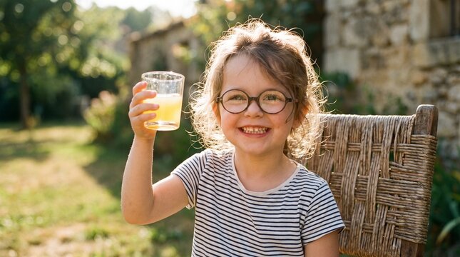 Smiling girl with glasses toasting with orange juice in sunny garden setting