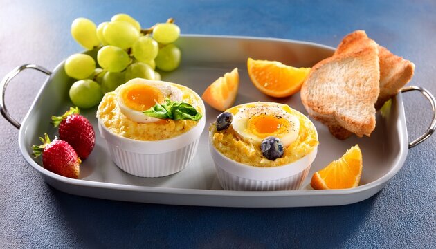 baked egg breakfast cups with toast and fruit on school tray