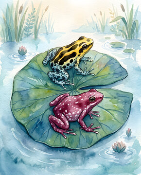 Yellow and maroon poison dart frogs