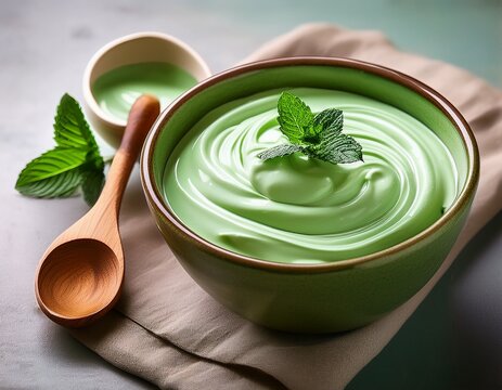 mint cream a ceramic bowl filled with smooth green cream and wooden spoon